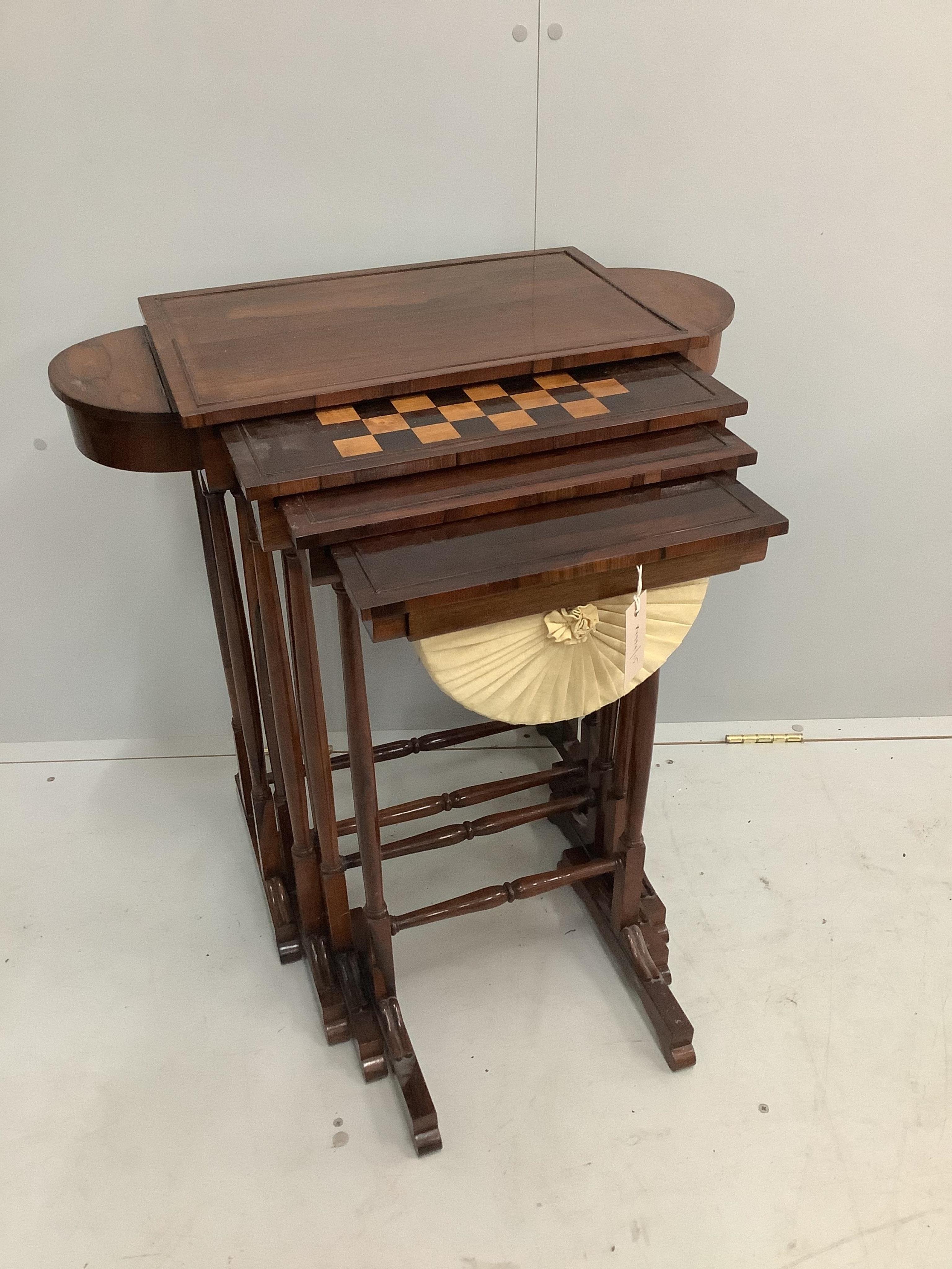 A quartetto of William IV rosewood tea, work and games tables, width 68cm, depth 31cm, height 69cm. Condition - good